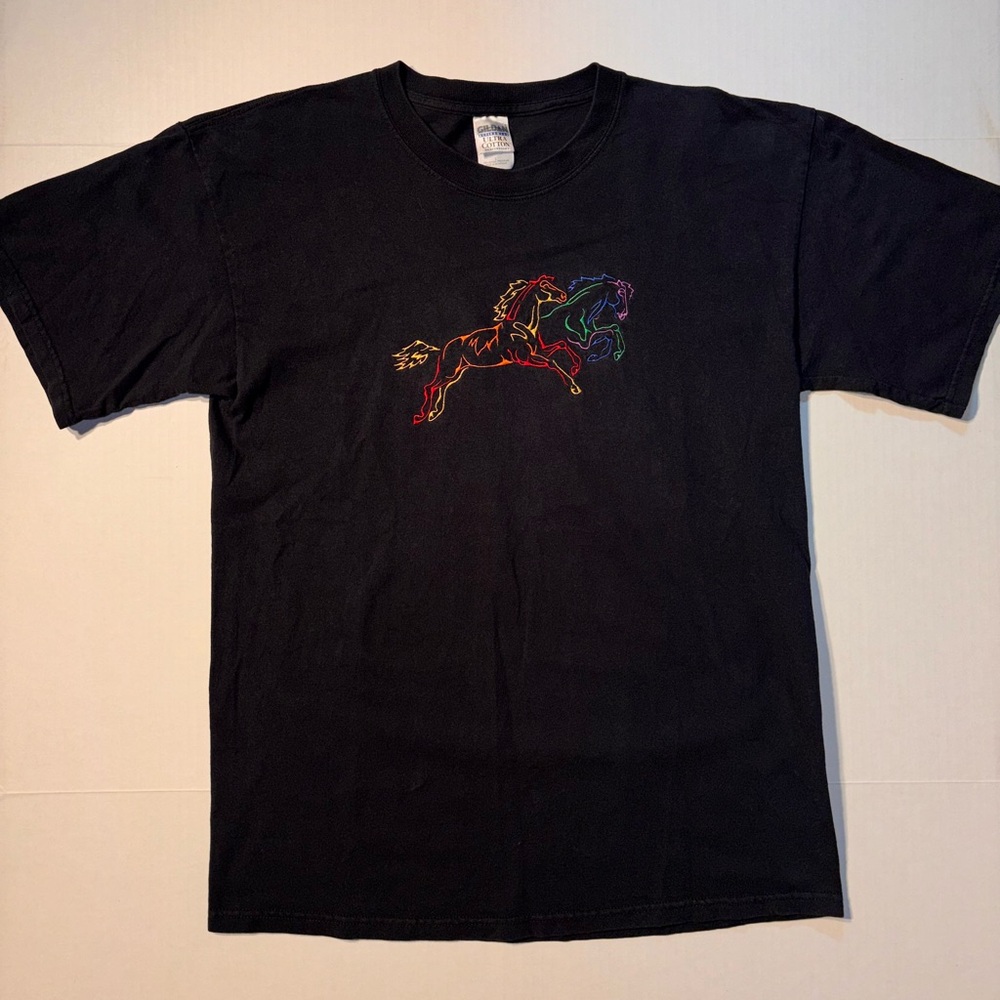 Vtg Rainbow Embroidered Horse Animal Nature 90’s Y2K T-shirt Large
